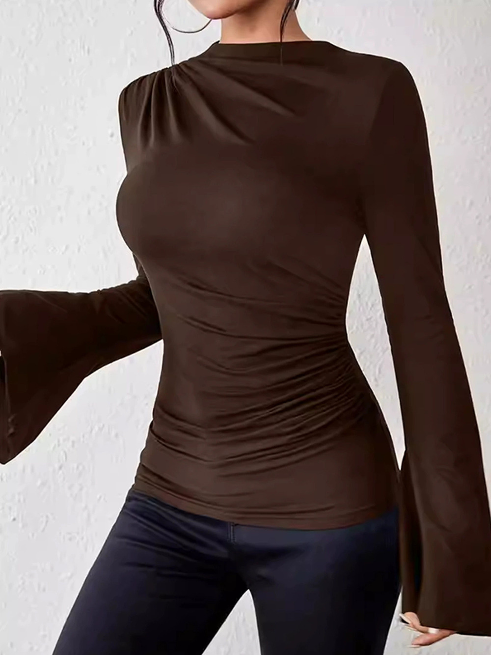 ZARA Women Sexy Slim Fit Mock Neck Pleated Bell Sleeve Fall Winter Layering Tee